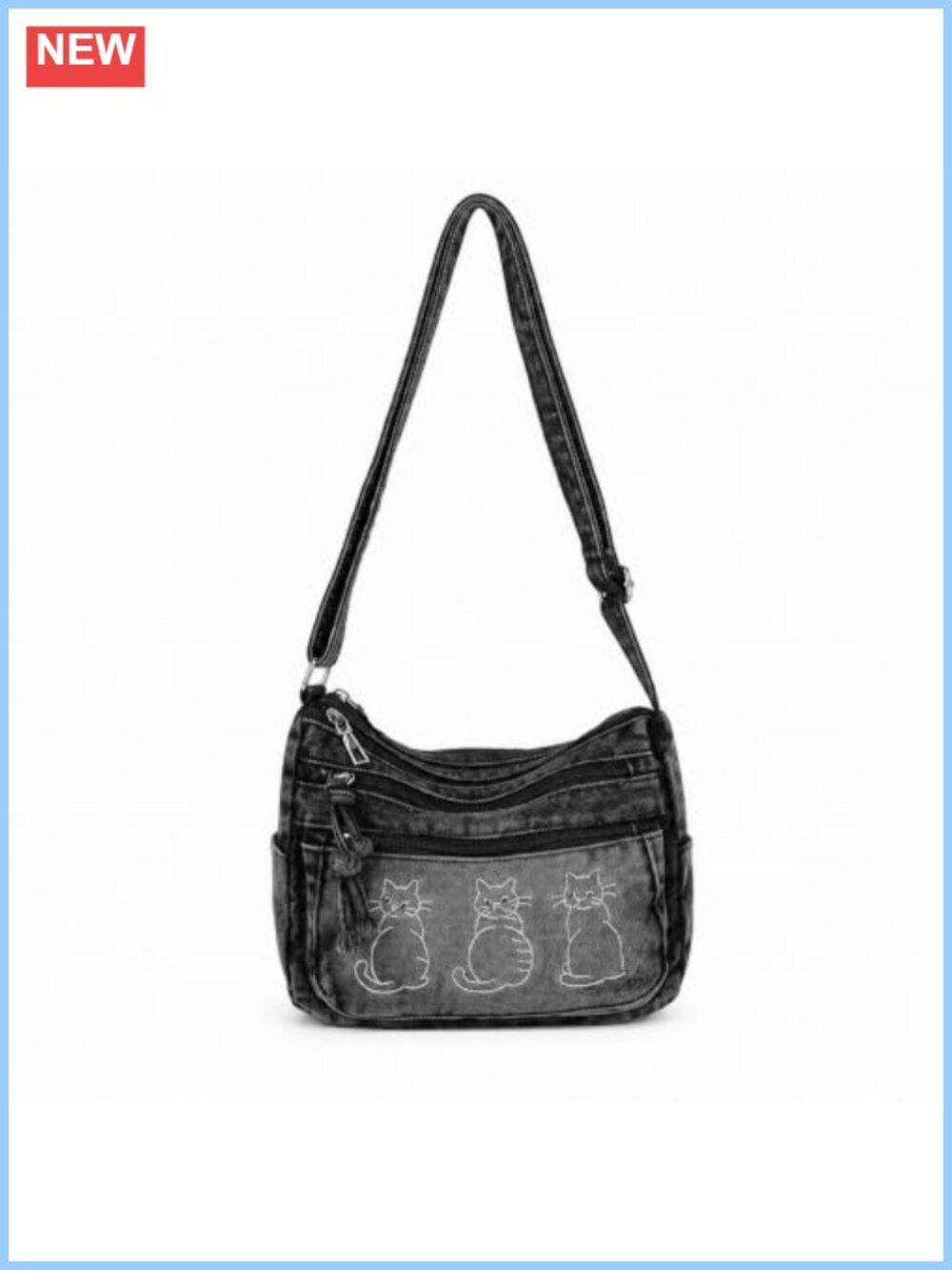 Cat Denim Crossbody Bag, Women's Jean Cloth Purse, Gothic Emo Multi Pocket